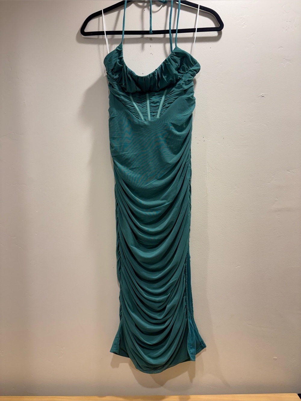 Hello Molly Green Ruched Mesh Halter Maxi Dress US 8 NWT